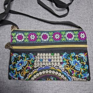 Embroidered Cross Body Purse Multi Color Lotus Flower Boho gold Tone Zipper